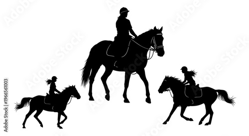 Silhouettes of three riders on horseback walking side by side outdoors