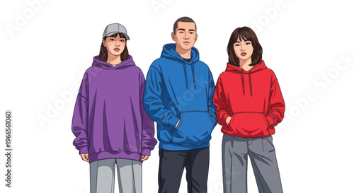 Three people wearing colorful hoodies standing together indoors casually