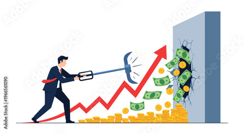 Financial success and breaking through barriers shown by man using pickaxe to uncover wealth and rising profit arrow.