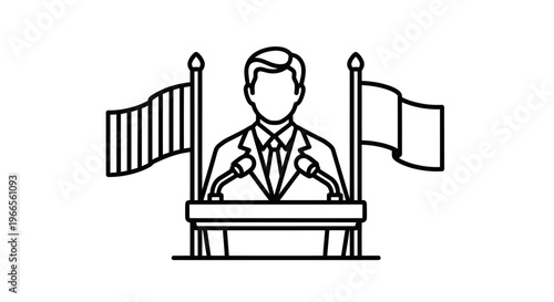 A man speaks at a podium with microphones and flags behind him.