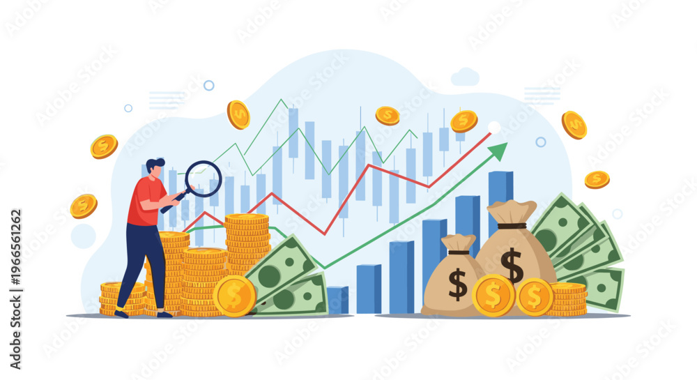 Fototapeta premium Detailed investment analysis and financial auditing showing man using magnifying glass to inspect wealth and performance charts.