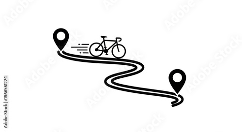 A bicycle rides along a winding road between two map location pins on a route.