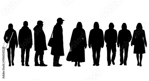 Group of people standing in line silhouettes against plain background