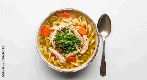 Chicken noodle soup with vegetables and herbs in a bowl