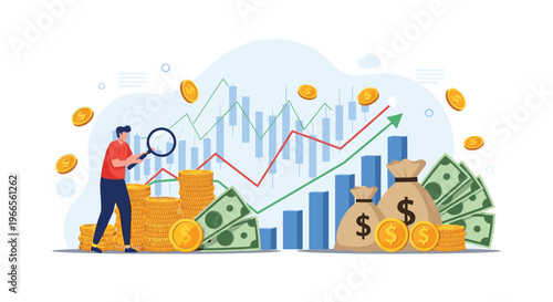 Detailed investment analysis and financial auditing showing man using magnifying glass to inspect wealth and performance charts.