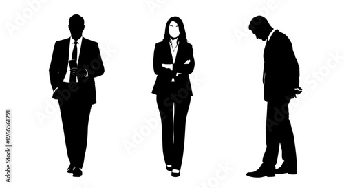 Three business people standing in a row with different postures