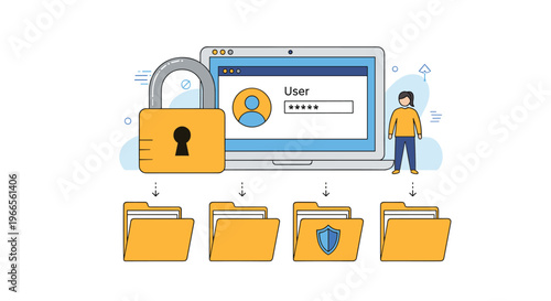 Cybersecurity and personal data protection concept with login screen on laptop, large padlock, and protected file folders storage.