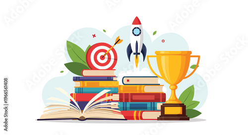 Achievement and academic success illustration with stacks of books, a trophy, a target, and a rocket launching into the sky.