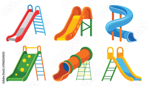 Playground slides vector collection, colorful designs including tube, straight, and wavy slides for outdoor recreation, children play areas, park equipment, and fun themed creative projects.