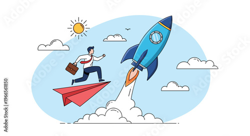 Business startup and innovative product launch concept featuring a professional man on a paper plane next to a flying rocket.