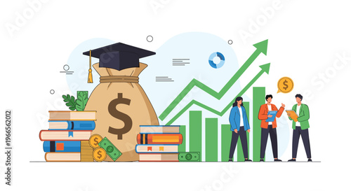 Higher education funding and scholarship investment concept with a large money bag, academic cap, and financial advisors.