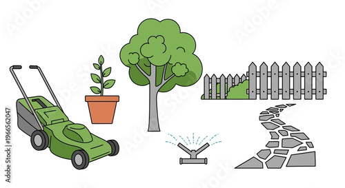 Lawn Mower Gardening Tools Tree Fence Path.