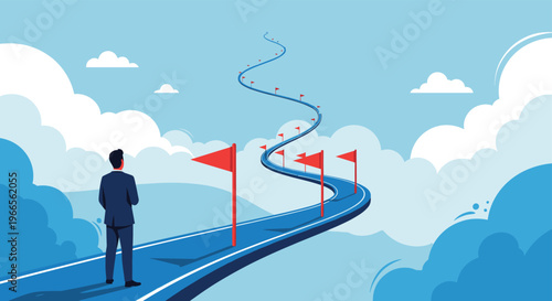 Strategic career planning and long-term goal setting concept with a businessman looking down a winding road with red flags.