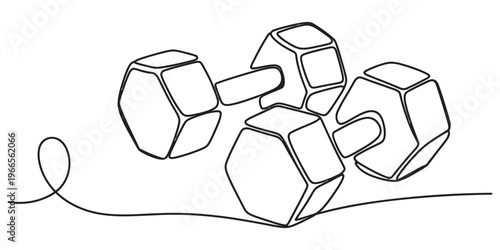 A single continuous line drawing of two hexagonal dumbbells used for exercise and weight lifting