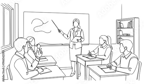 Teacher teaching line art vector illustration
