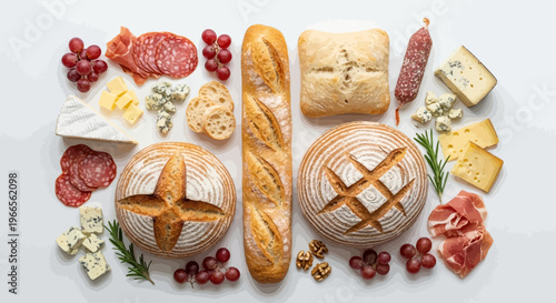 Artisanal bread and cheese platter with cured meats and grapes