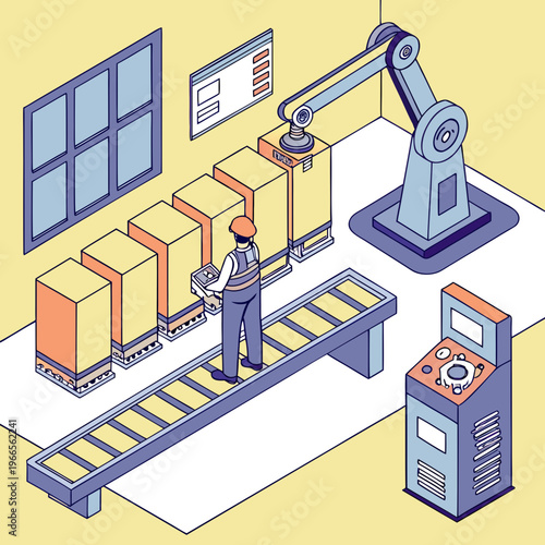 A robotic arm assists a worker on a conveyor belt with boxes