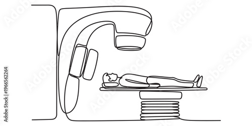 A single continuous line drawing of a patient undergoing medical radiation therapy treatment scan