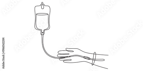 Minimalist black and white line art illustration showing a hand connected to an iv drip bag unit