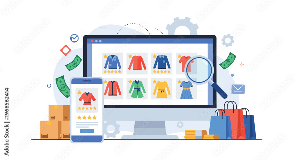 Naklejka premium Online fashion retail and e-commerce shopping concept with clothing store interface on monitor, smartphone, and shopping bags.