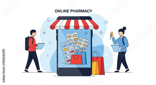 Digital pharmacy and home medication delivery concept with people shopping for healthcare products on a mobile device.