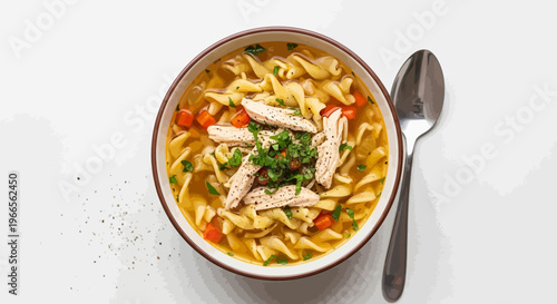 Chicken noodle soup in a bowl with spoon on white background