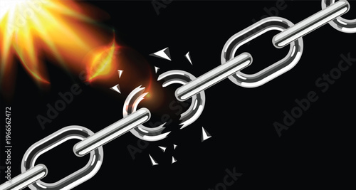 Broken Chain Vector Background with Light Burst Effect, Metal Link Explosion Symbol of Freedom Strength and Power, Abstract Business Breakthrough Concept Illustration