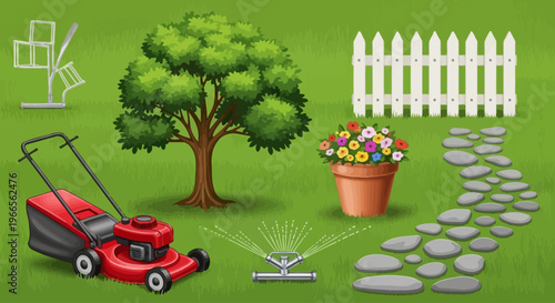 Red Lawn Mower in Garden Yard.