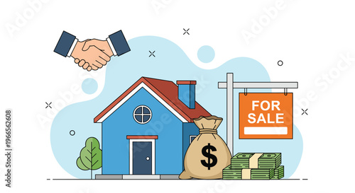 Successful real estate transaction and property sale concept with a blue house, money bag, 'For Sale' sign, and a handshake.