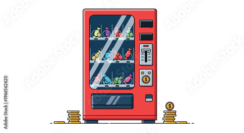 Automated retail and snacks vending machine concept featuring a classic red machine filled with colorful candy and coin stacks.