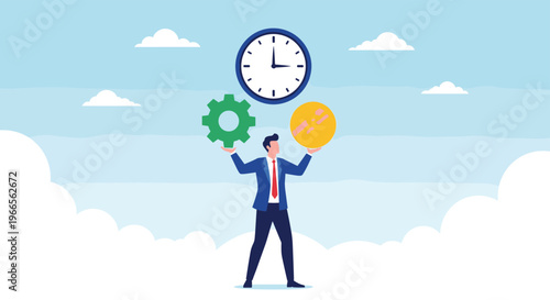 Professional time and resource management concept featuring a businessman balancing a clock, gear, and gold coin in his hands.