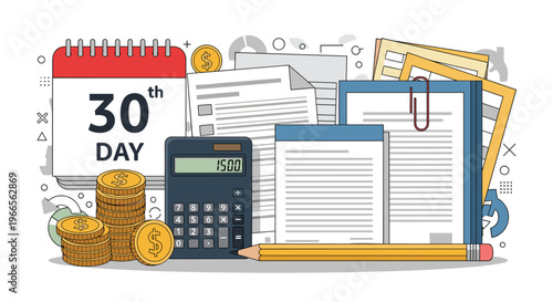 Monthly financial planning and expense tracking concept featuring a calendar, calculator, cash coins, and accounting documents.