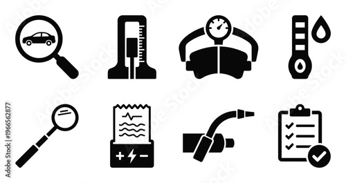 Automotive diagnostic and car repair inspection silhouette icons for professional garage services set