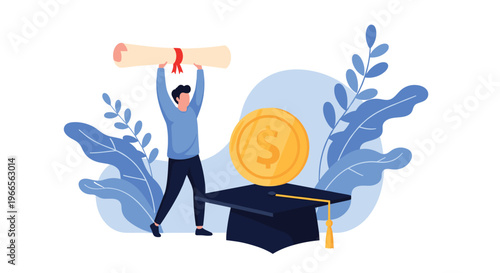 Graduate student holding a diploma over his head stands near a giant gold coin and graduation cap on blue background.
