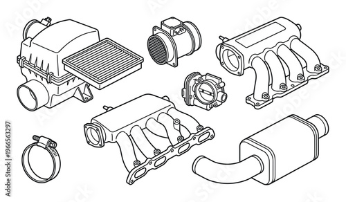 Automotive engine air intake system components with manifold filter and throttle body line art set