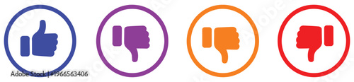 Rating and feedback scale symbol set in circular outline style, showcasing color-coded thumbs representing excellent, good, average, poor, and bad levels for surveys and review