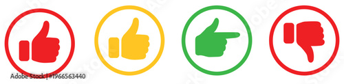 Rating and feedback scale symbol on circle outline, featuring excellent, good, average, poor, and bad thumb icons with clear color indicators for user evaluation systems.