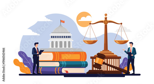 Legal justice system concept featuring lawyers standing near scales of justice, a wooden gavel, law books, and government building.