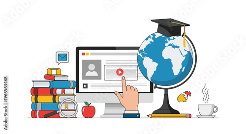Online education and distance learning concept showing computer interface with educational video, stacked books, and academic globe icon.