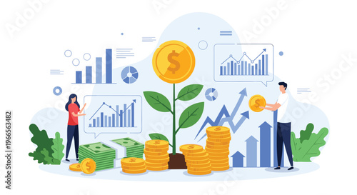 Business growth and investment concept featuring a man and woman nurturing a plant that grows a large gold dollar coin.