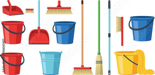 Housekeeping and Commercial Cleaning Supplies Icon Set featuring Buckets Brooms Mops and Dustpans for Janitorial Services Home Maintenance and Hygiene Management Vector Illustrations