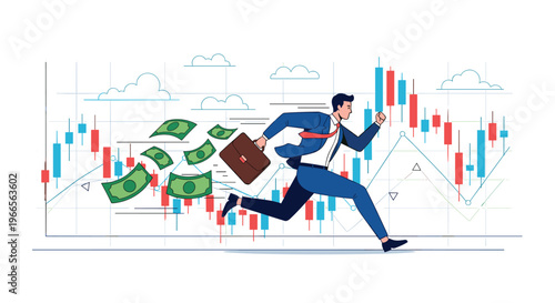 Financial success and fast business growth concept showing a businessman running with a briefcase and falling banknotes in a market.