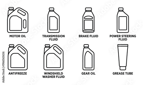 Automotive fluids icons motor oil transmission fluid brake fluid power steering fluid antifreeze