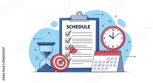 Efficient time management and project scheduling concept with clipboard checklist, hourglass, target, clock, and calendar icons.