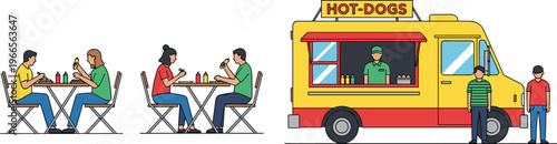 Yellow Hot Dog Food Truck Vector Illustration with Outdoor Cafe Seating Featuring Customers Eating at Tables for Street Food Festival and Urban Dining Designs