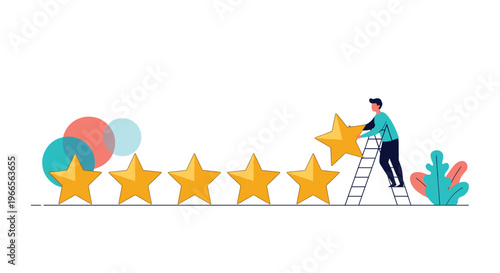 Customer satisfaction and quality rating concept showing a man on a ladder completing a five-star ranking for service excellence.
