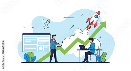 Successful business startup and rapid growth concept showing professionals working as a rocket launches from a rising growth arrow.