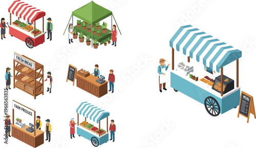 Isometric Farmers Market Stall Collection Featuring Coffee Cart Fresh Bread Bakery Shelf Plant Nursery and Organic Produce Vendors for 3D Business and Retail Graphics