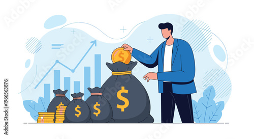 Wealth accumulation and capital investment concept featuring a man adding gold coins to large money bags with rising business charts.