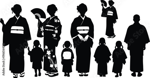 Japanese Kimono Silhouettes Collection of Women, Men, and Children on White Background